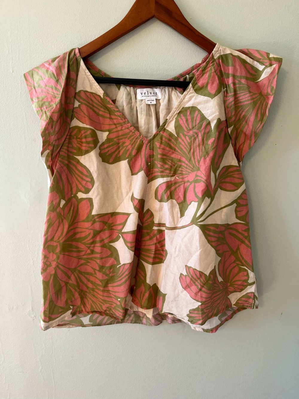 Velvet by Graham & Spencer Pink and Olive Floral Cap Sleeve Blouse